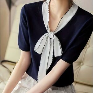 Elegant Navy Blue and White Women's Top
